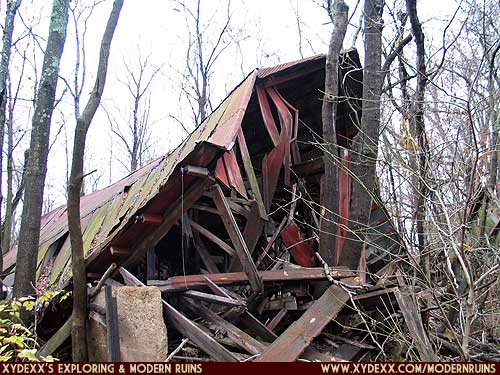 Exterior view of the collapsed dairy barn